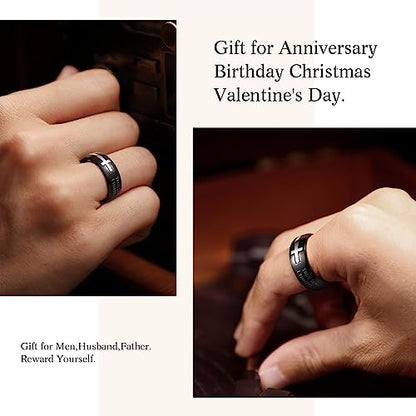 King Will Stainless Steel Men Ring Lord's Prayer Cross Ring Stainless Steel Men Wedding Ring, Wedding Band Bible Engraved Rings High Polished, Comfort Fit - color: Black Silver