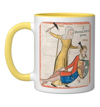 Proverbs 31 29 31 Woman Medieval Christian Art Design Ceramic Mug, Yellow/White, 11oz - color: Yellow/White, size: 11 Ounces