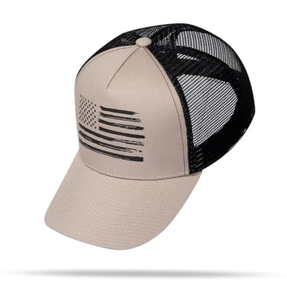 Baseball Cap, American Flag Trucker Hat for Men Women, Breathable Adjustable Fit Outdoor Mesh Snapback Hats - color: Khaki/Black Flag