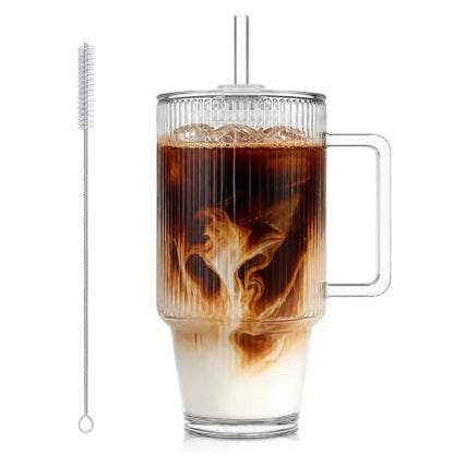 KEMORELA 24oz Ribbed Glass Cup with Lid & Straw,Iced Coffee Cup with Handle - color: 24oz--Ribbed