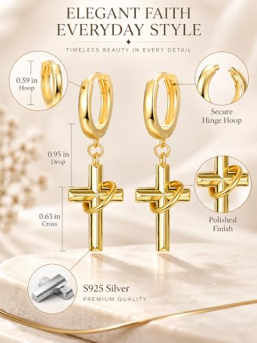 Cross Earrings 925 Sterling Silver Cross Dangle Earrings Christianity Jewelry Gift for Men Women - style: Ring Cross-Gold