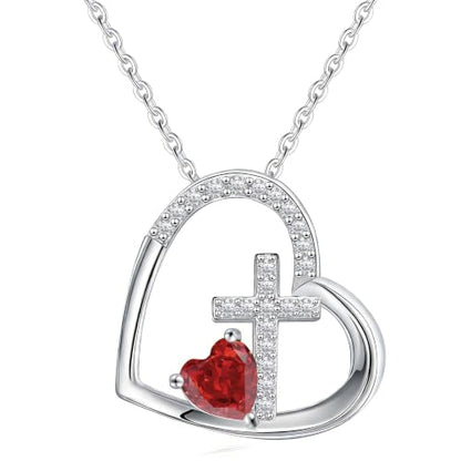 JSJOY Cross Necklace Christian Gifts for Women Heart Birthstone Necklace Religious Birthday Gifts for Mom Daughter Christmas Stocking Stuffers Baptism Confirmation Gifts for Teens - color: Silver - 01 Garnet