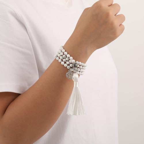 INBLUE 108 Mala Prayer Beads Wrap Necklace with Long Tassel Boho Necklace for Women Amazonite Bead Bracelet with Spiritual Tree of Life Pendant 108 Beads Necklace for Meditation - color: Natural White Howlite