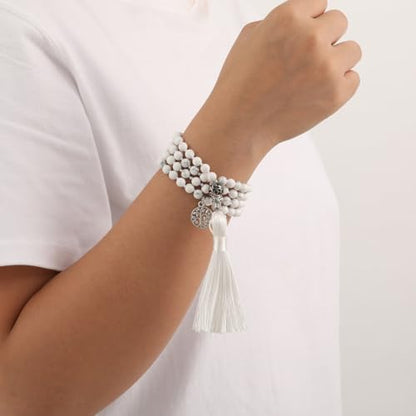 INBLUE 108 Mala Prayer Beads Wrap Necklace with Long Tassel Boho Necklace for Women Amazonite Bead Bracelet with Spiritual Tree of Life Pendant 108 Beads Necklace for Meditation - color: Natural White Howlite