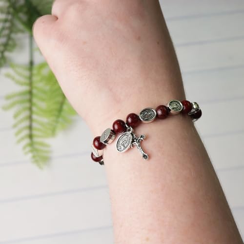Needzo Our Lady of Guadalupe Rosary Bracelet, Red Wood Beads with Metal Crucifix, Catholic Jewelry, 7.5 Inches