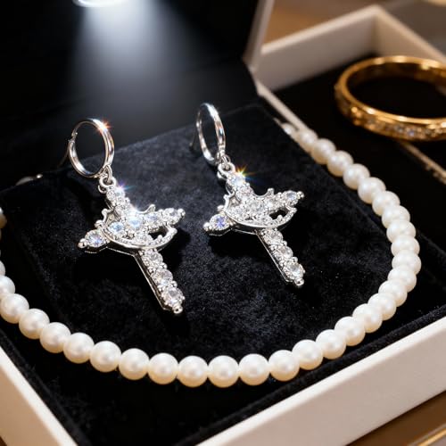Crystal Cross Hoop Earrings Women, Gold Plated - color: silver