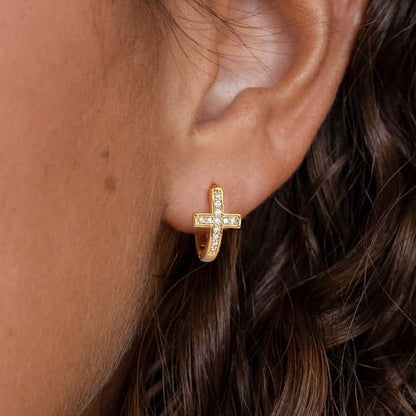 LOYATA Gold Cross Earrings for Women-14K Gold Plated Small Hoop Huggie Earrings Dainty Trendy CZ Cross Hoop Earring Cute Hypoallergenic Hoops Jewelry Gifts for Women Mothers Day Gifts for Mom - color: CZ
