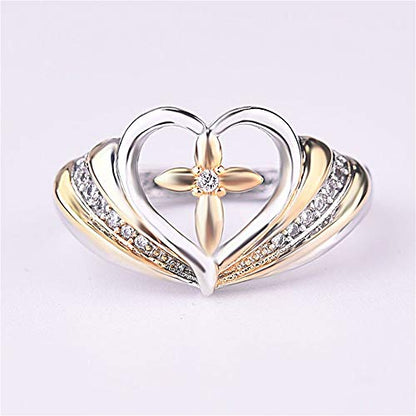 Two-Tone Cross Ring Vintage Tone Sterling Silver Carved with God All Things are Possible CZ Band Engagement Wedding Rings Flower Shape Hollow Heart AAA Cubic Zirconia Ring (10) - size: 10