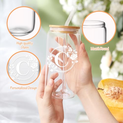 Birthday Gifts for Women, Monogrammed Initial Glass Cup Personalized Gifts for Women, 16oz Glass Cups with Lids and Straws, Iced Coffee Cup, Beer Can Shaped Glass - Gifts for Mothers Day, Christmas, C - style: C
