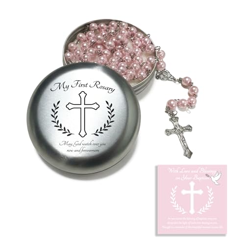 Asix Toy Baptism Rosary Gifts for Girls Boys,My First Rosary with Keepsake Box for Baby Shower Holy First Communion,Christening Gifts from Godmother. (Pink) - color: Pink