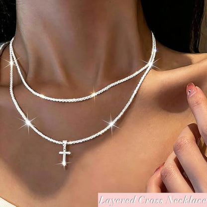 925 Sterling Silver Necklace for Women Layered Cross Paperclip Chain Necklaces Dainty Sparkle Pendant Jewelry Gifts - style: 2 Layered Cross