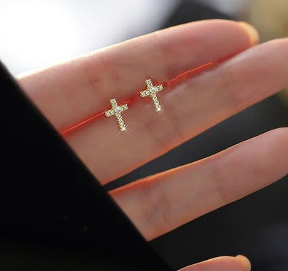 14K Gold Plated Small Cross Stud, Hypoallergenic Pave CZ Tiny Earrings for women