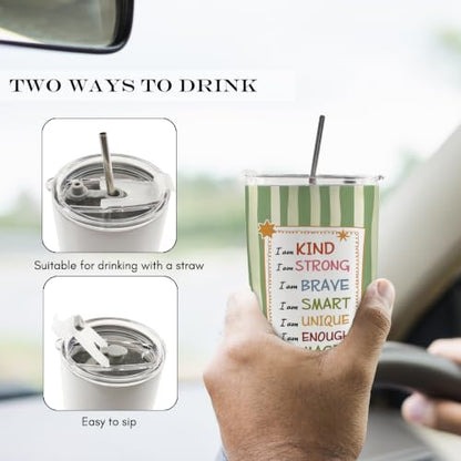 Green Striped Inspirational Kids 20oz Travel Coffee Mug Tumbler - color: iam2