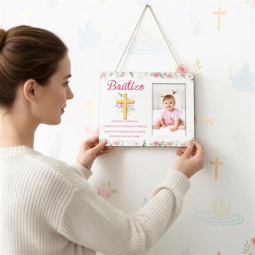 CJiangpo Spanish Baptism Picture Frame - Bautizo Gifts for Girls, Baby Religious Christening Gift Catholic Dedication Baby Shower Keepsake Pink Flower Wood Photo Frame from Godparents Friends Family