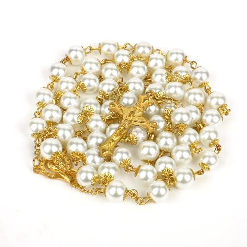 Rosary Necklace for Women, Cross Jewelry Pearl White Rosary for Women Men, Wedding Small First Holy Communion Gifts Rosarios Catolicos Rosary Beads, Pearl Necklace Catholic Chain for Mother