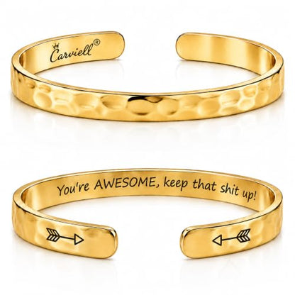 Carviell Bracelets for Women – 100+ Meaningful Engraved Messages – Solid 316L Surgical Stainless Steel Cuff Bracelet – Gift Ready - color: CONFIDENCE Gift - You're AWESOME, keep that sh*t up! - GOLD