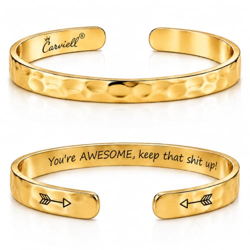 Carviell Bracelets for Women – 100+ Meaningful Engraved Messages – Solid 316L Surgical Stainless Steel Cuff Bracelet – Gift Ready - color: CONFIDENCE Gift - You're AWESOME, keep that sh*t up! - GOLD