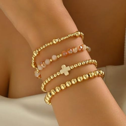Colorful Cross Charm Bracelets for Women Men Adjustable Gold Plated Beaded Bracelet Boho Bead Ball Stretch Bracelet Birthday Summer Beach Jewelry - color: White B