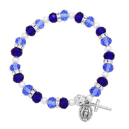 Rosemarie Collections Women's Beaded Stretch Rosary Bracelet with Crucifix and Miraculous Medal - color: Light and Dark Blue