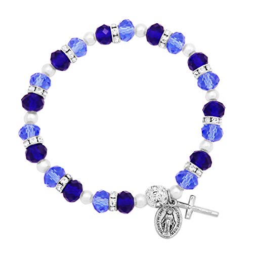 Rosemarie Collections Women's Beaded Stretch Rosary Bracelet with Crucifix and Miraculous Medal - color: Light and Dark Blue