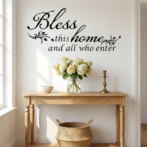 Decaltor Bless This Home Wall Decal - Vinyl Entryway Decor Quote Sticker - color: Black, size: 22'' X 10''