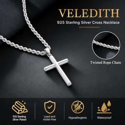 925 Sterling Silver Cross Necklaces for Mens Women CZ Beveled Edge - color: Classic Medium silver cross