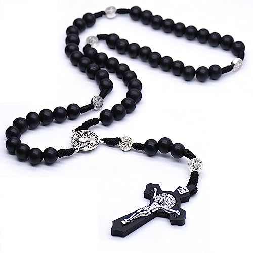 SZQCZB Wooden Rosary Beads Catholic for Men, Saint Benedict Medal and Cross - Comes in Gift Pouch and 18pcs Prayer Cards - color: Black