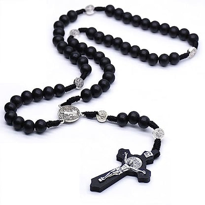 SZQCZB Wooden Rosary Beads Catholic for Men, Saint Benedict Medal and Cross - Comes in Gift Pouch and 18pcs Prayer Cards - color: Black