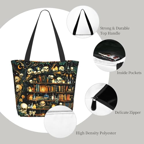 Funny Christian Tote Bags For Women With Zipper Christian Gifts For Work Gym Travel Beach Women With Large Capacity - color: Skull Book