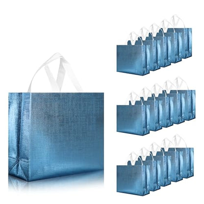 cabzymx 16 Pcs Blue Reusable Gift Bags, Metallic Bling Design Holiday Gift Bags with Handles & Bases, Non-woven Goodie Bag Bulk for Birthday, Wedding, Parties, Graduation- 12.6x4.7x11 In - color: Blue, size: 1 Count (Pack of 16)
