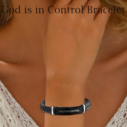 God is in Control Leather Bracelet, Stainless Steel Christian Faith Braided Engraved Bar Bracelets Self Worth Motivation Bracelet Inspirational Friendship Jewelry for Men Women - color: Black