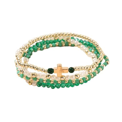 Colorful Cross Charm Bracelets for Women Men Adjustable Gold Plated Beaded Bracelet Boho Bead Ball Stretch Bracelet Birthday Summer Beach Jewelry - color: Green B