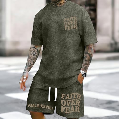 Men's Christian Shirt and Shorts Set Oversized Faith Over Fear T Shirt Washed Religious Bible Verse 2 Piece Outfits - color: Army Green, size: X-Large