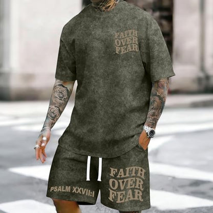 Men's Christian Shirt and Shorts Set Oversized Faith Over Fear T Shirt Washed Religious Bible Verse 2 Piece Outfits - color: Army Green, size: XX-Large