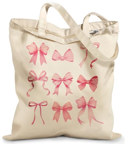 Miss Adola Canvas Tote Bag with Zipper for Women - color: Pk Bow Knot