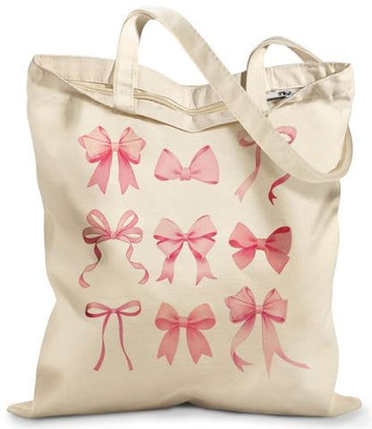 Miss Adola Canvas Tote Bag with Zipper for Women - color: Pk Bow Knot