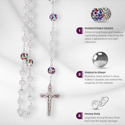 Nazareth Store Rhinestones Crystal Beads Rosary, Catholic Rosary Necklace with Silver Miraculous Medal INRI Crucifix, Multicolor Rosaries in a Gift Case - color: White with Colorful Beads