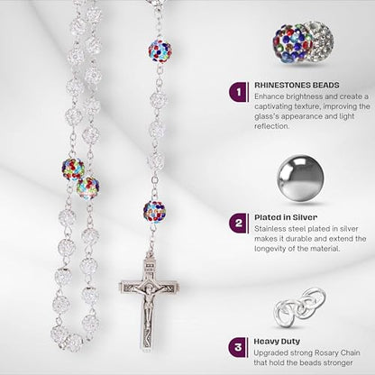 Nazareth Store Rhinestones Crystal Beads Rosary, Catholic Rosary Necklace with Silver Miraculous Medal INRI Crucifix, Multicolor Rosaries in a Gift Case - color: White with Colorful Beads