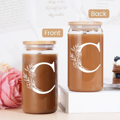 SANDJEST Monogrammed Gifts for Women - Monogram C Initial Glass Cup 16 Oz Can Coffee Cups with Lid and Straw - Monogram Initials Gifts for Womens on Birthday - color: Initial C