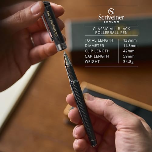 Scriveiner All Black Rollerball Pen - Stunning Luxury All Metal Matt Black Pen, Schmidt Ink Refill, Best Roller Ball Gift Set for Men & Women, Professional, Executive Office, Custom Name Engraving - color: AllBlack (Personalized)
