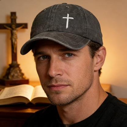 Unisex Washed Black Cross Baseball Cap, Adjustable Cotton Christian Faith Dad Hat, Casual Outdoor Embroidered Hat - color: Washed Grey2