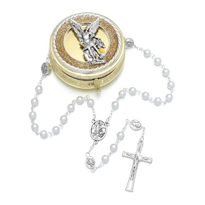 KOMI 6mm Glass Pearl Rosary Beads Catholic for Women with Metal Rosary Box Religious Gifts - style: St Michael-white