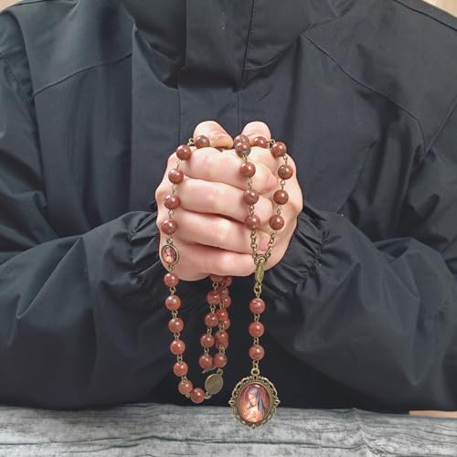 Nazareth Store Our Lady of Sorrows Stone Beads Rosary Solid Beaded Chaplet Necklace with Epoxy 7 Seven Sorrows Medallion - color: Red Jasper