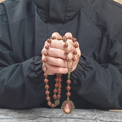 Nazareth Store Our Lady of Sorrows Stone Beads Rosary Solid Beaded Chaplet Necklace with Epoxy 7 Seven Sorrows Medallion - color: Red Jasper