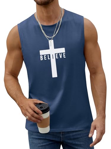 Men's Cotton Graphic Tank Tops Jesus Cross Believe Printed Faith Christian Shirts - color: Navy Blue, size: Small