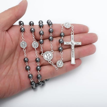 KOMI 6mm Glass Pearl Rosary Beads Catholic for Women with Metal Rosary Box Religious Gifts - style: St Benedict-hematite