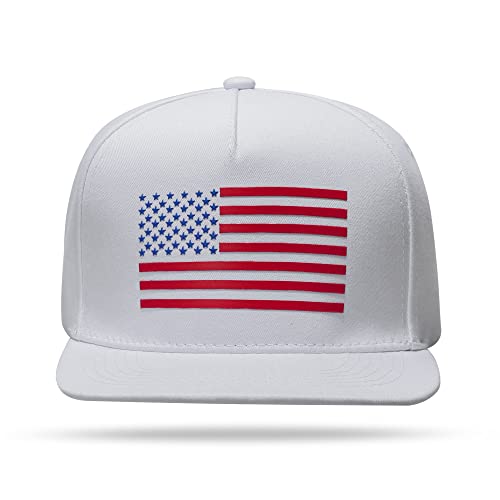 UALON Baseball Cap, Snapback Trucker Hat for Men & Women with American Flag and Adjustable, Breathable Mesh, Flat Bill Hats - color: White
