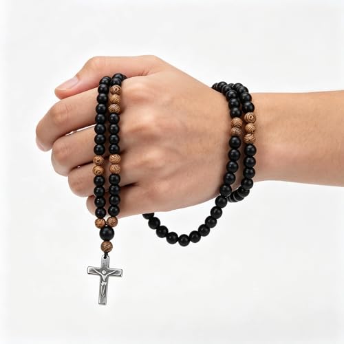 Black Onyx Glass Beads Men's Tiger Eye Stone Bead Necklace - color: Cross Pendant
