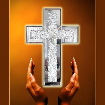 GIMORRTO Cross Wall and Table Decor, Glass Mirrored Surface, Modern Style, Religious Theme, Silver, 15 x 5 Inches, Indoor (15")
