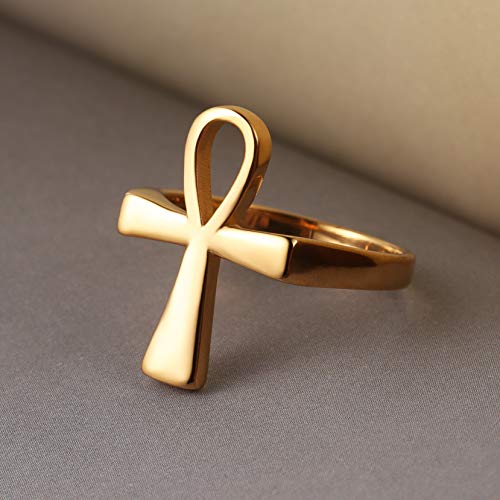 HZMAN Stainless Steel Egyptian Ankh Cross Ring for Men Women - color: Gold